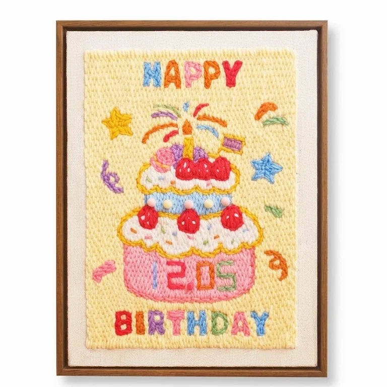 Birthday Cake Punch Needle Kit featuring a colorful embroidered cake with Happy Birthday text.
