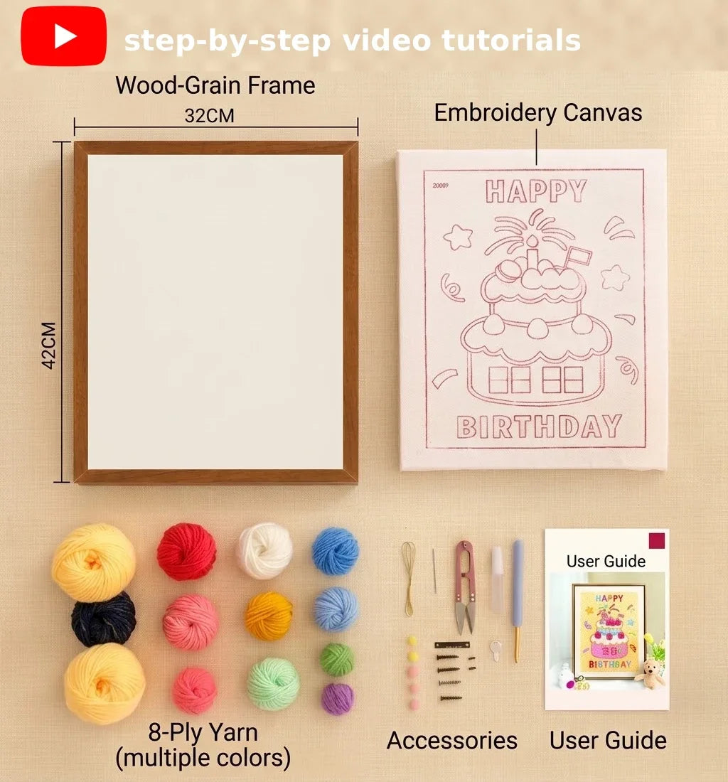 Birthday Cake Punch Needle Kit with wood-grain frame, embroidery canvas, and colorful 8-ply yarn.