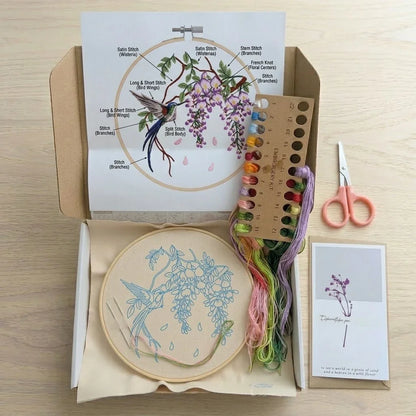 Embroidery kit with patterned hoop, colorful threads, scissors, and a stitch guide.