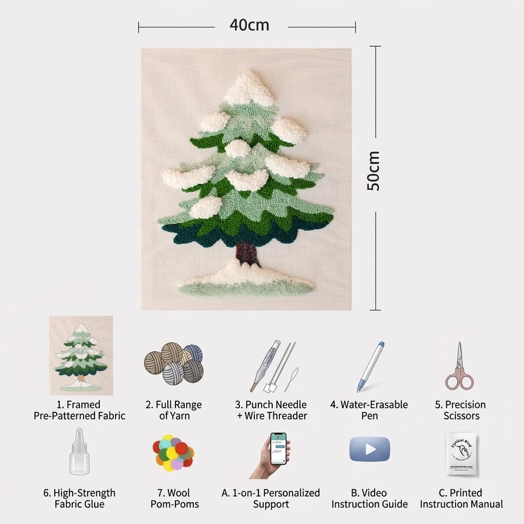 Christmas Tree DIY punch needle embroidery kit with yarn, needle, and craft supplies by Calivra Craft