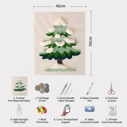 Christmas Tree DIY punch needle embroidery kit with yarn, needle, and craft supplies by Calivra Craft