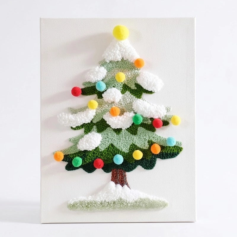 Punch needle embroidery kit featuring a colorful Christmas tree with snow on a white canvas