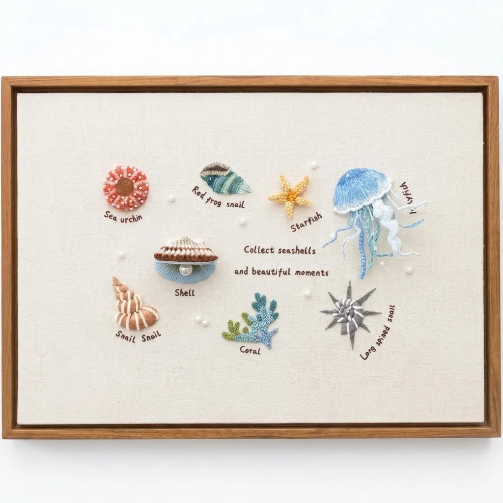 Calivra Craft Ocean DIY Fabric Embroidery Kit featuring sea creatures on cream linen