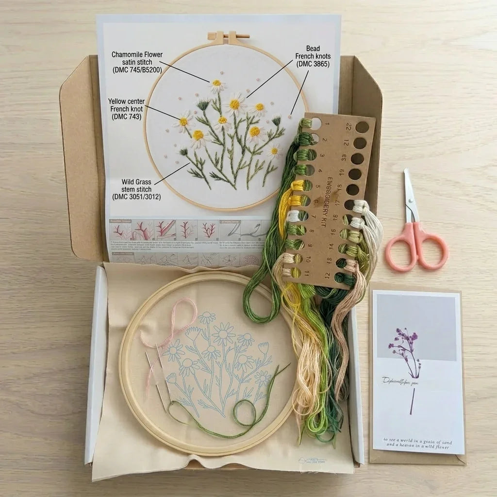 Floral embroidery starter kit with hoop, colorful threads, scissors, and instructional guide.