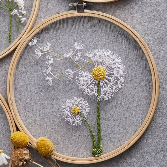 Hand-embroidered white dandelion flowers on grey fabric in a wooden embroidery hoop.