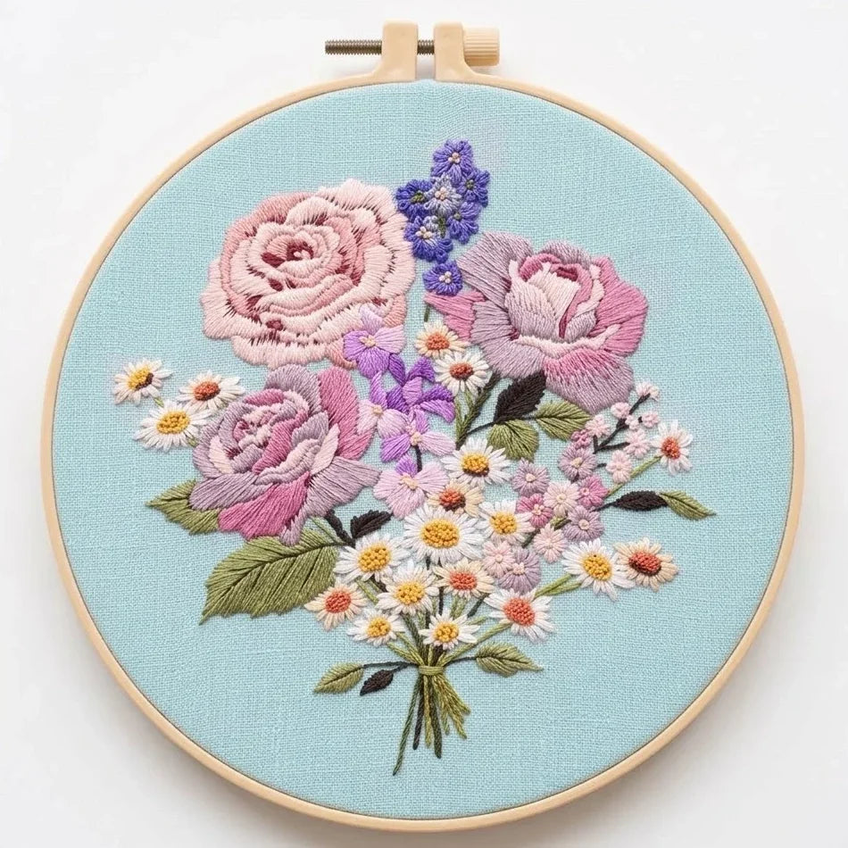 Hand embroidery of a colorful floral bouquet with pink roses and daisies on light blue fabric.