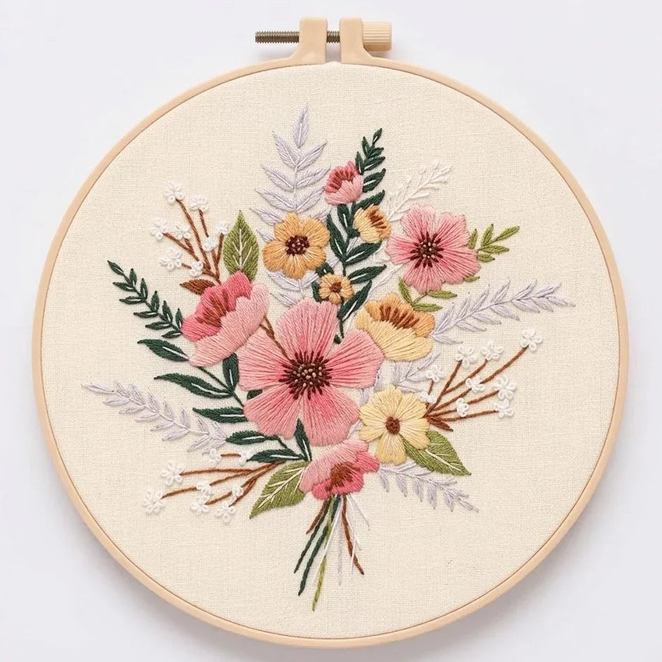 Handmade floral embroidery hoop featuring colorful pink, yellow, and orange flowers on cream fabric.