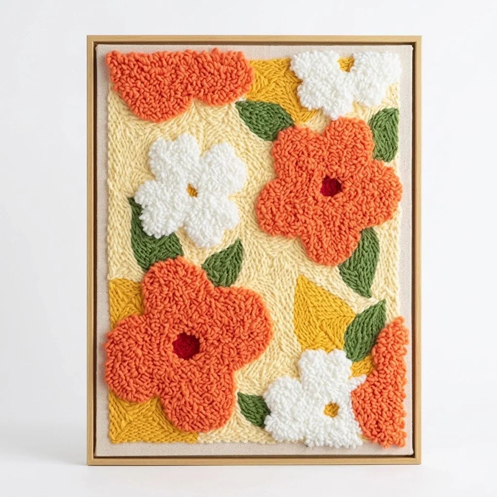 Calivra Craft Bright Blossoms punch needle art with orange and white flowers in a gold frame