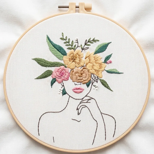Hand embroidery of a woman's line art face with colorful floral crown in a wooden hoop.