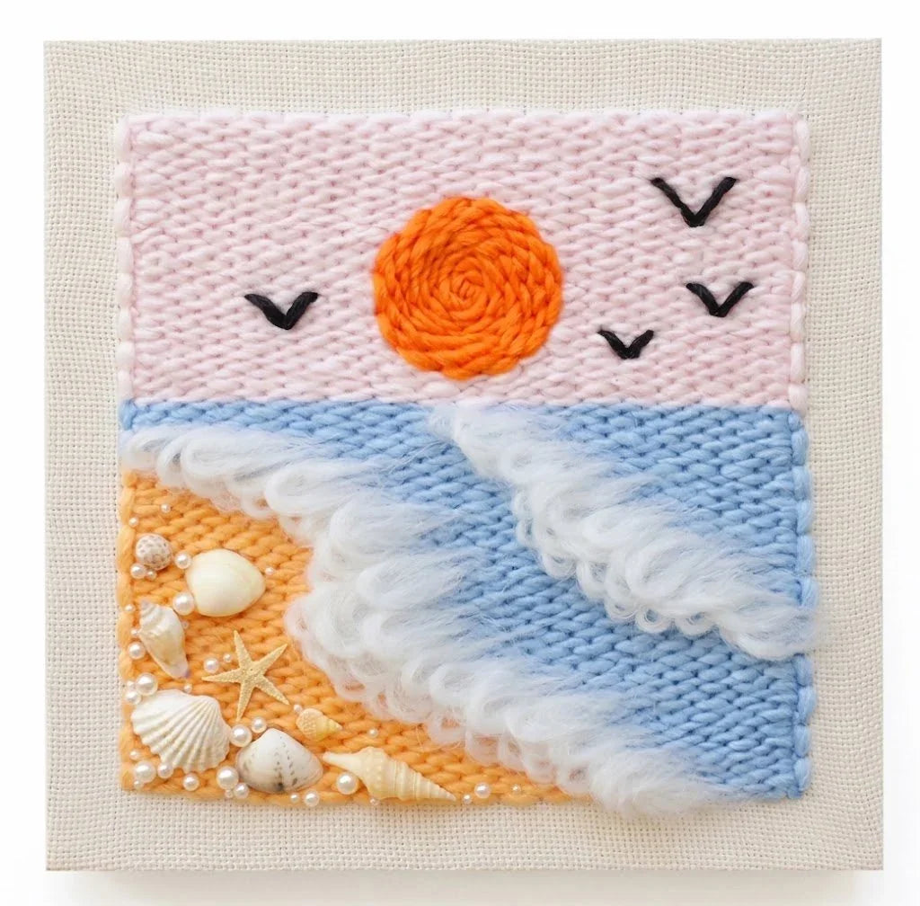 Punch needle embroidery kit featuring a sunset beach landscape with shells and birds.