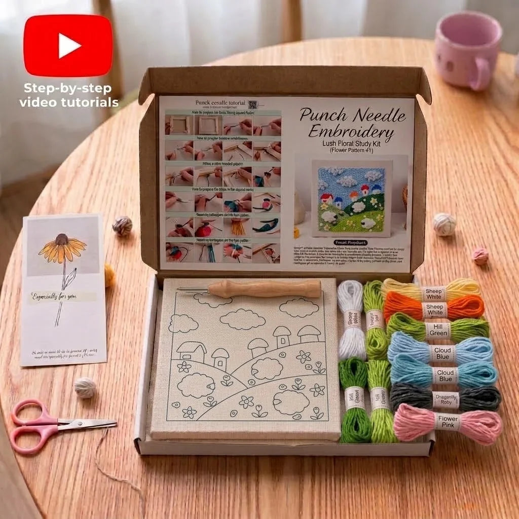 Calivra Craft DIY punch needle embroidery kit with floral pattern, colorful yarn, and tools.