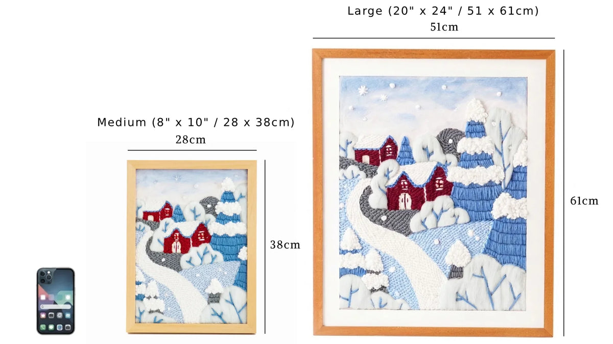 Medium and large Calivra Craft wool felt photo frame DIY embroidery kits with winter landscape.