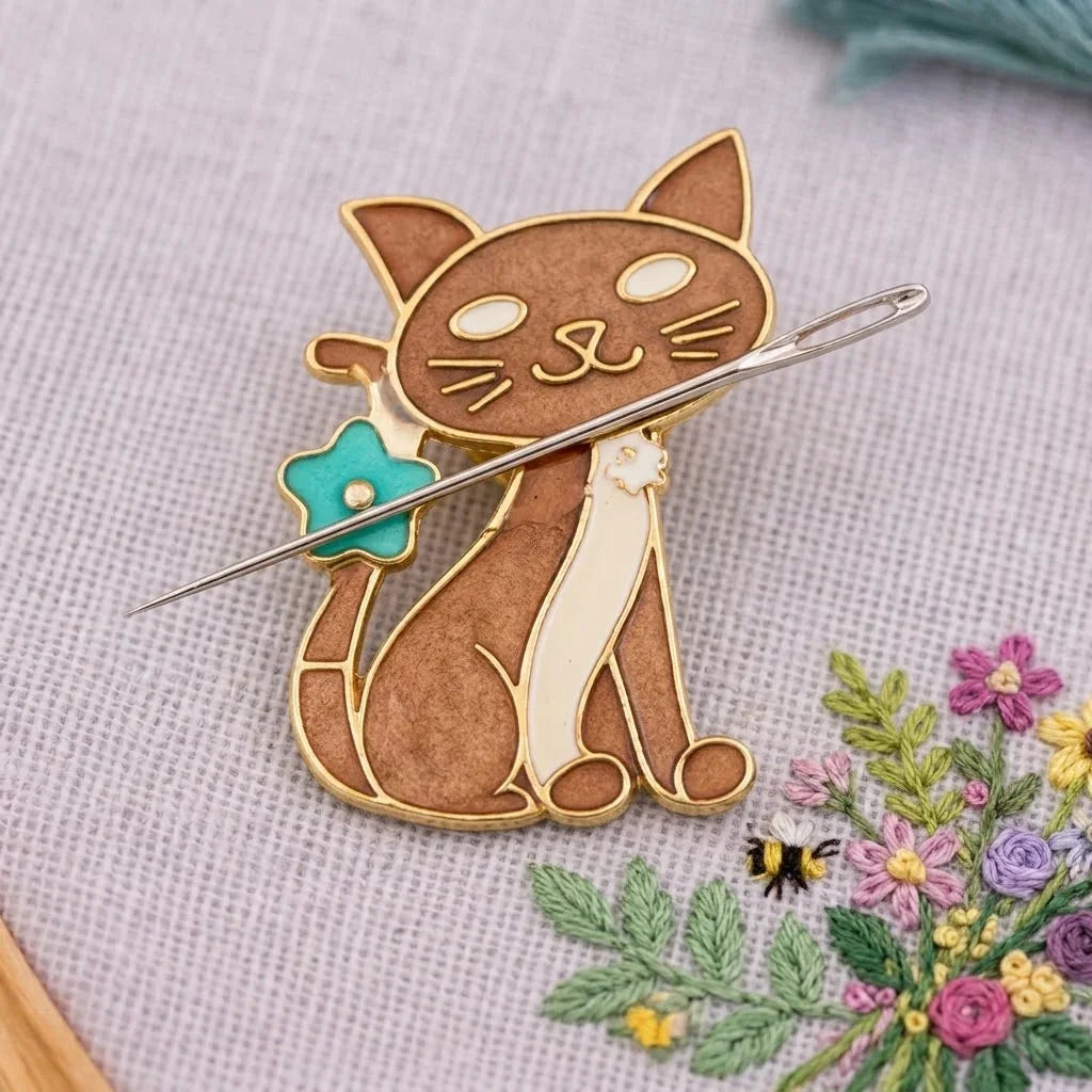 Calivra Craft cat magnetic needle minder with a teal flower on grey fabric.