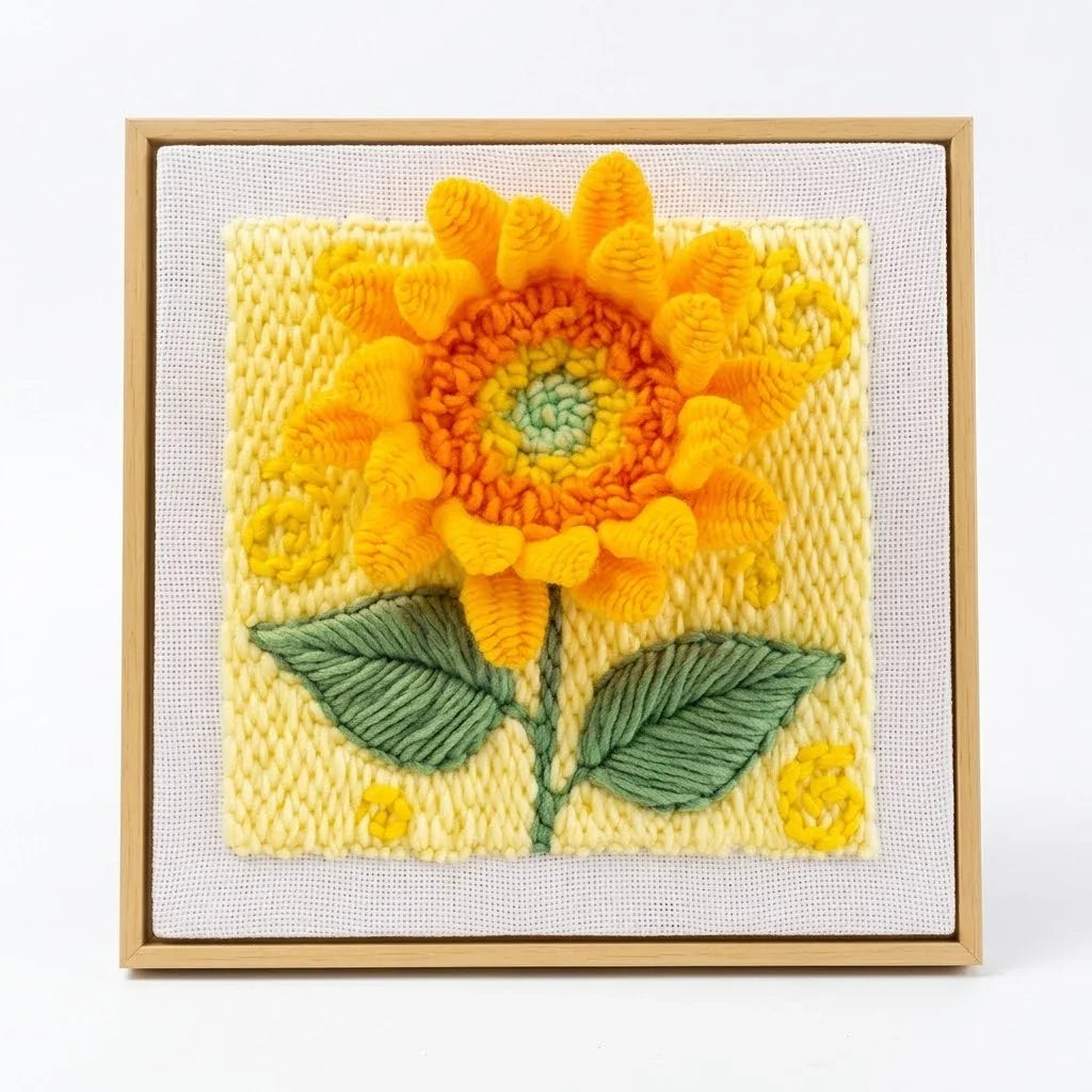 Handmade sunflower punch needle art in a wooden frame by Calivra Craft