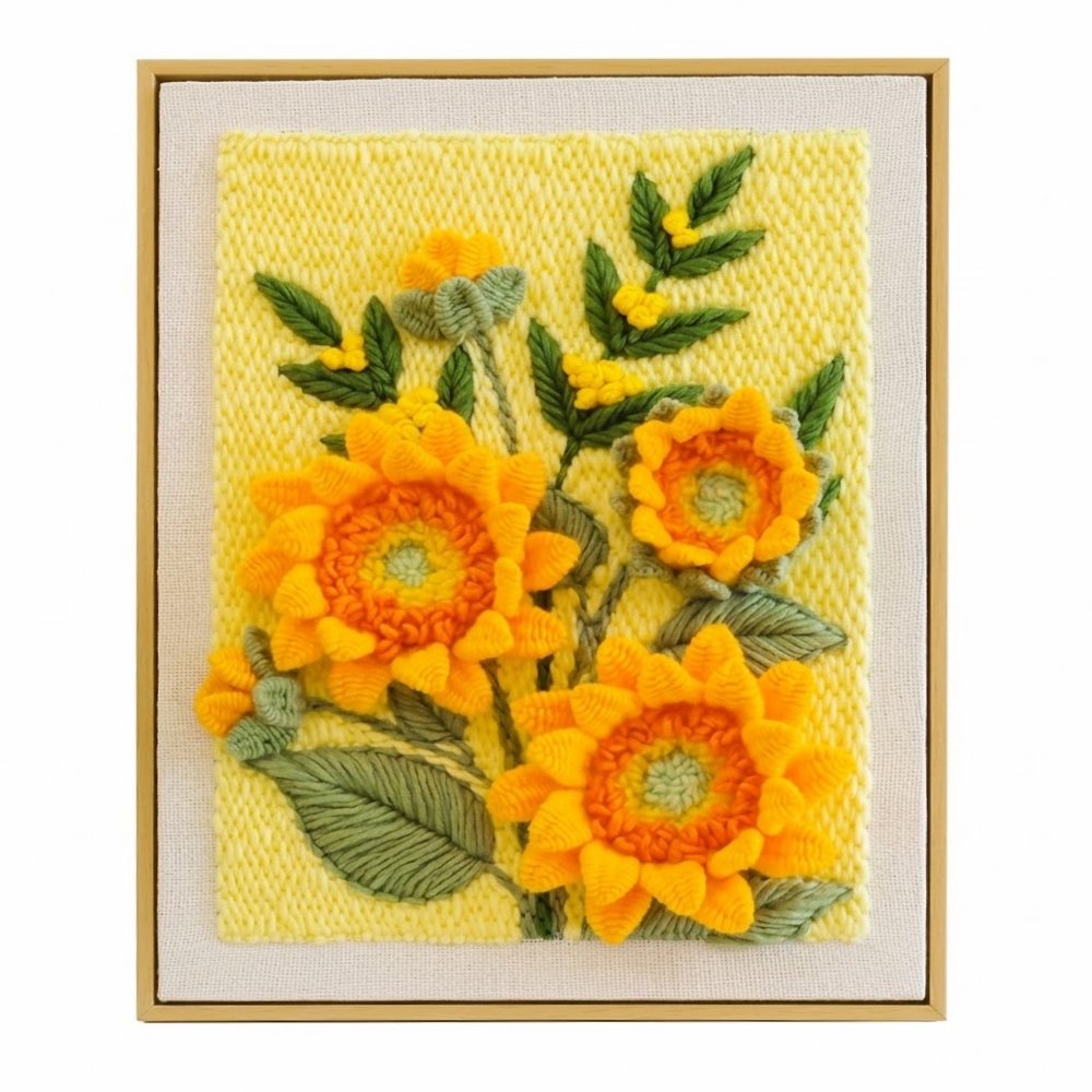 Sunflowers punch needle kit by Calivra Craft featuring bright yellow floral embroidery.