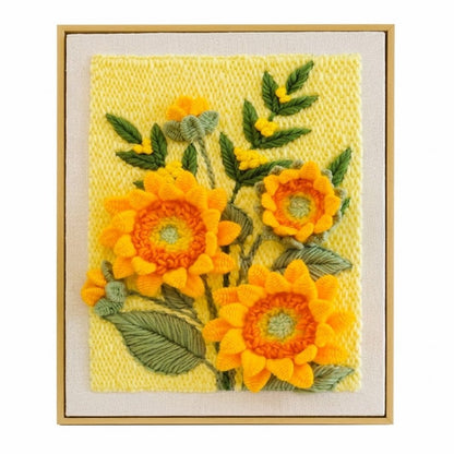 Sunflowers punch needle kit by Calivra Craft featuring bright yellow floral embroidery.