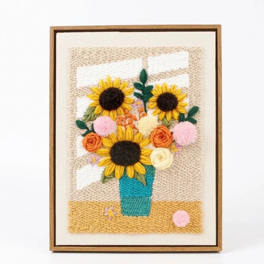 Calivra Craft Cozy Window Sunflower Punch Needle Kit featuring textured floral embroidery in a frame